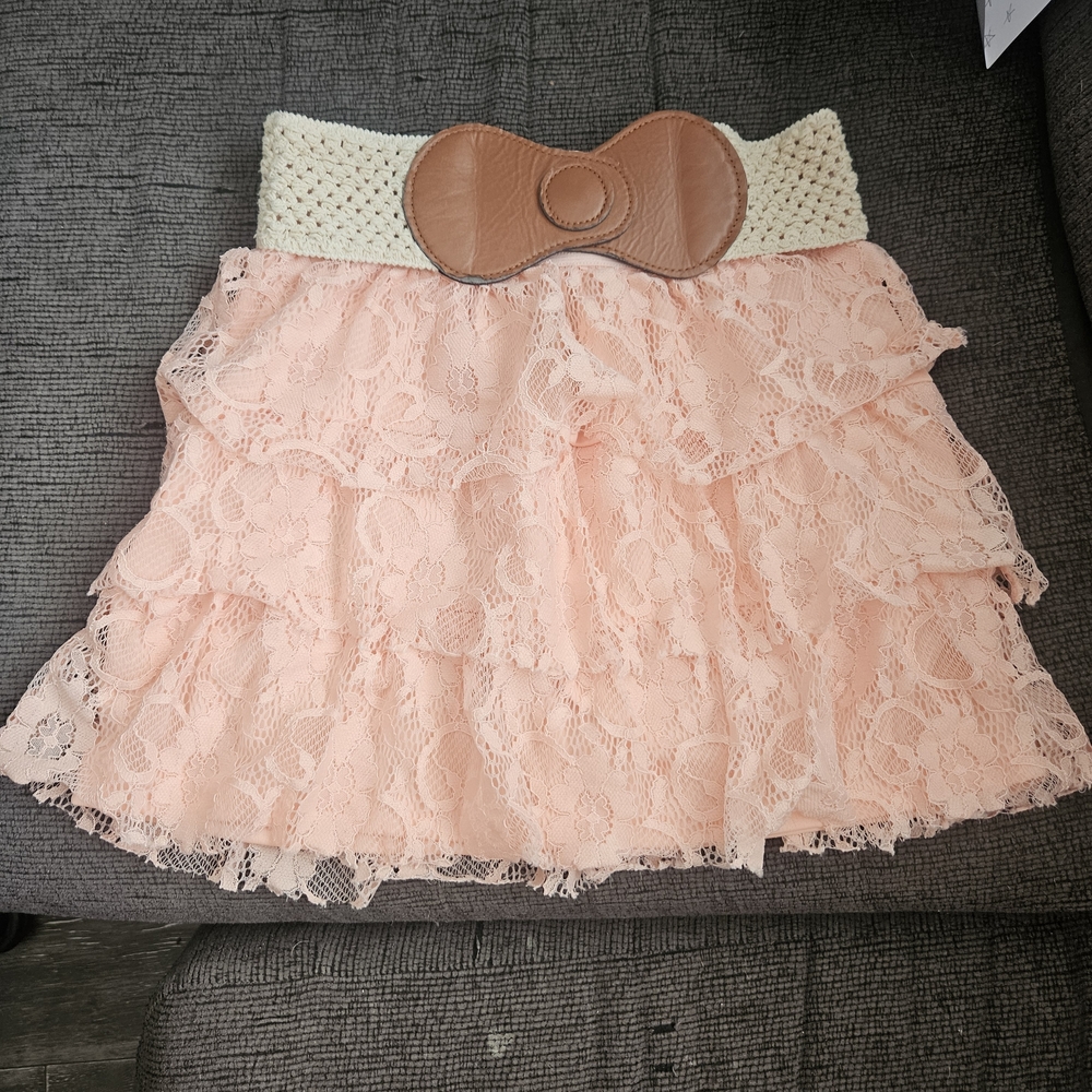 Rue21 Pink Lace Tiered Mini Skirt with Crochet Waistband and Bow